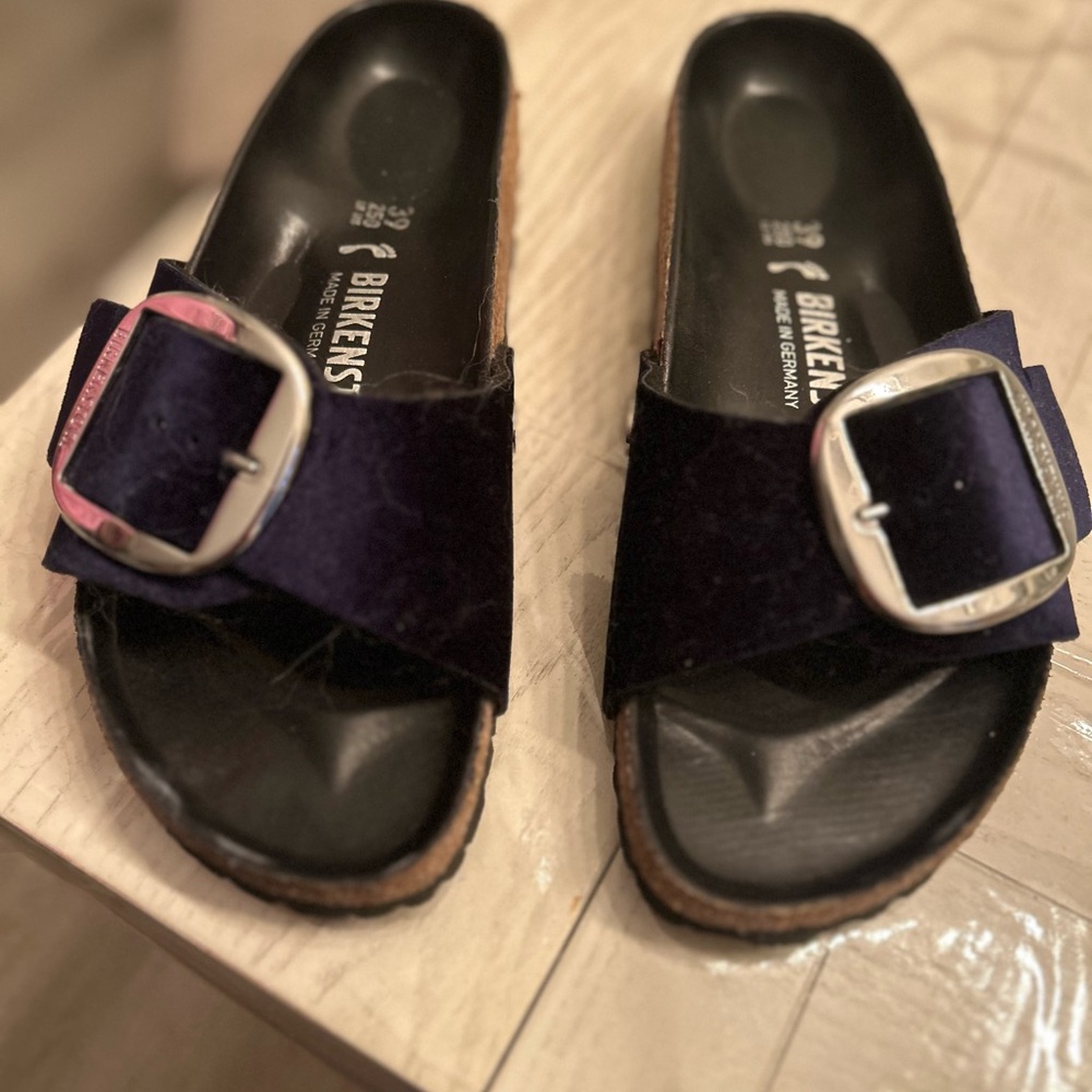 Birkenstock Dark Blue Velvet Slides with Silver Buckle